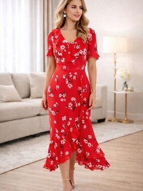 Karl Lagerfeld Red Floral Ruffle-Trim Midi Dress